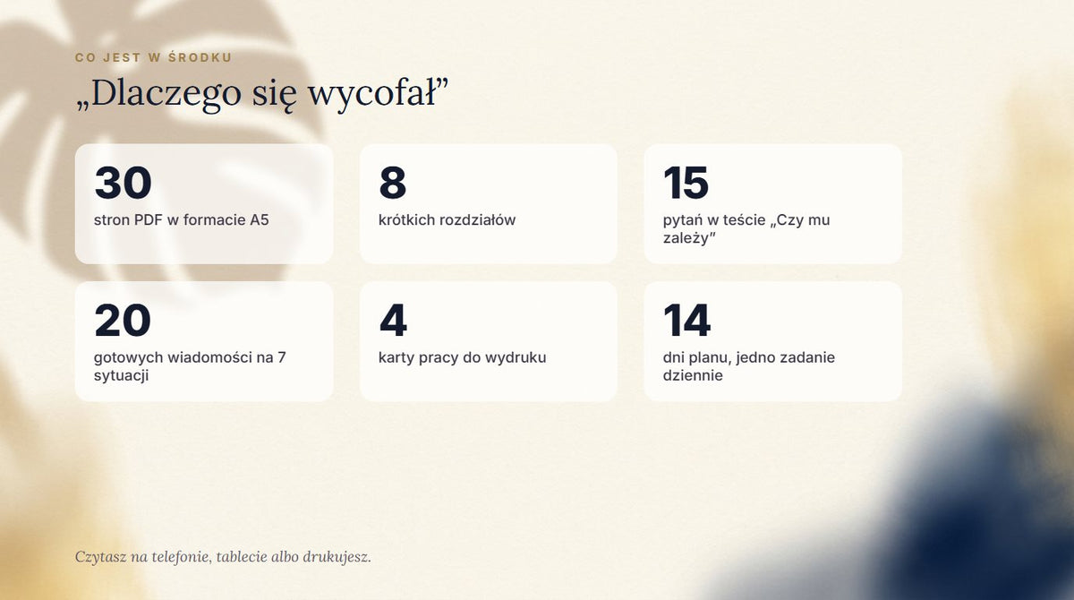 Co jest w środku: 30 stron, 8 rozdziałów, 15 pytań, 20 wiadomości, 4 karty pracy, 14 dni